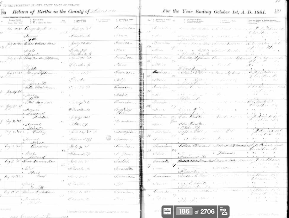 1881 Iowa birth return naming Clara Boles and giving her maiden name as Clara Wical.