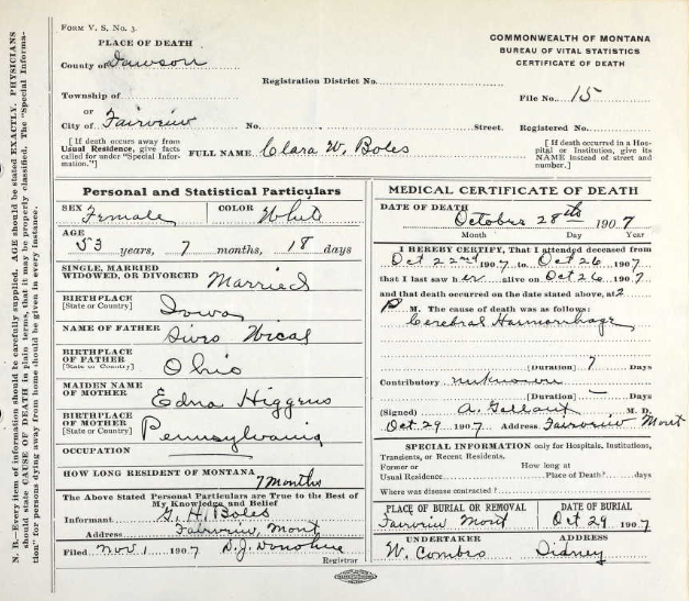 Later record naming Cyrus Wical and Edna Higgins as Clara’s parents; compare the original spellings.