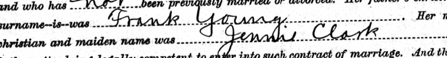 Supplied marriage-record excerpt identifying Frank Young and Jennie Clark; inspect the complete original before inferring additional details.