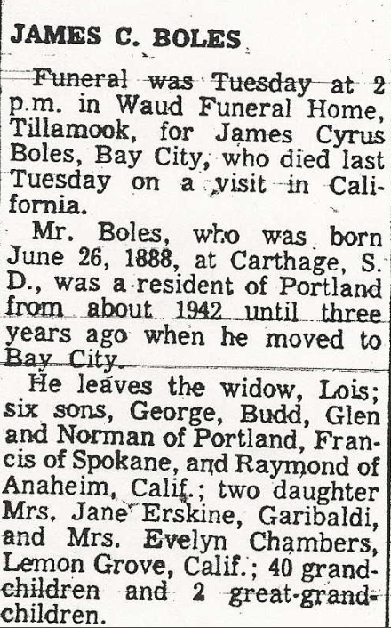 James Cyrus Boles obituary, supplied by Sandy. It names widow Lois and daughter Evelyn Chambers; newspaper statements still need comparison with vital records.