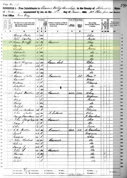 1860 Pleasant Valley Township census, showing Cyrus and Edna’s household with Clara and the other children.